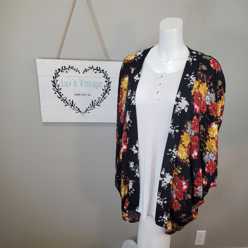 Time and Tru‎ Floral Print Kimono Open Front Lightweight Bohemian Cardigan OS